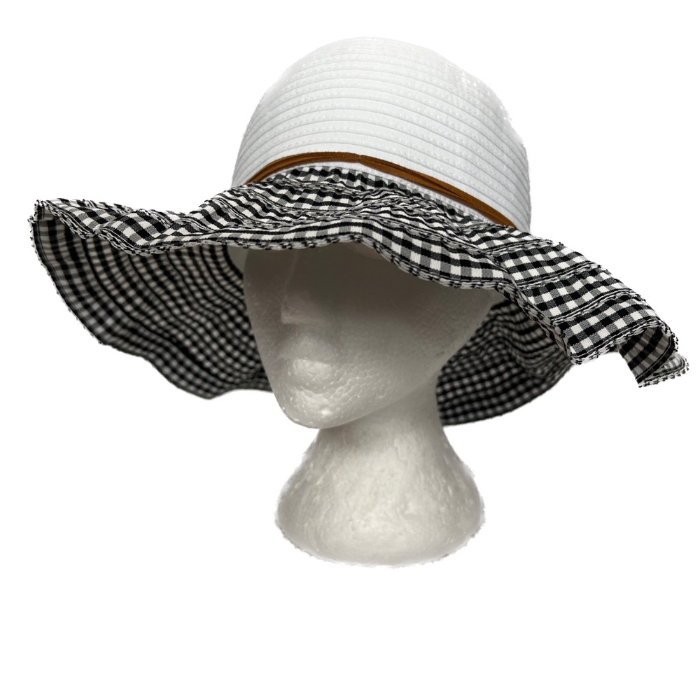 San Diego Hat Co Wide Brim Ribbon Sun Hat White Blue Gingham Check Cottagecore